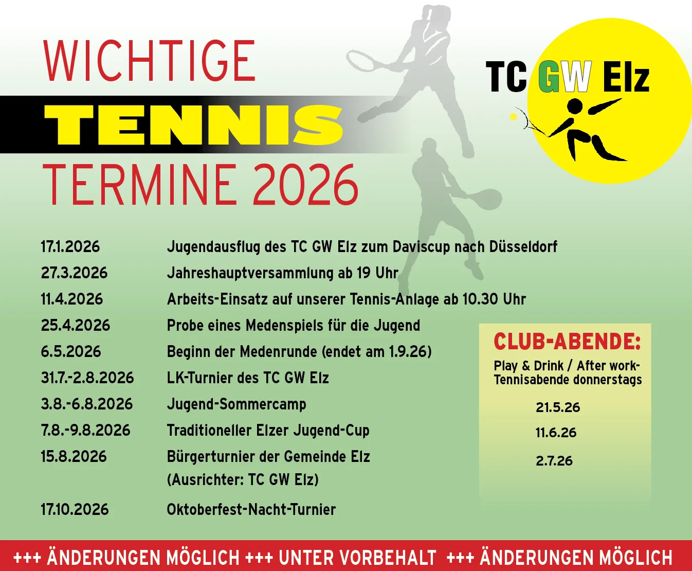 Aushang mit allen Tennisterminen des TC Grün-Weiß Elz für das Jahr 2026.