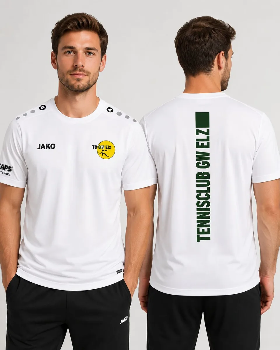 Vereinstrikot des TC Grün-Weiß Elz von vorne und von hinten: weißes JAKO-Shirt mit Vereinswappen auf der Brust und Schriftzug Tennisclub GW Elz auf dem Rücken.